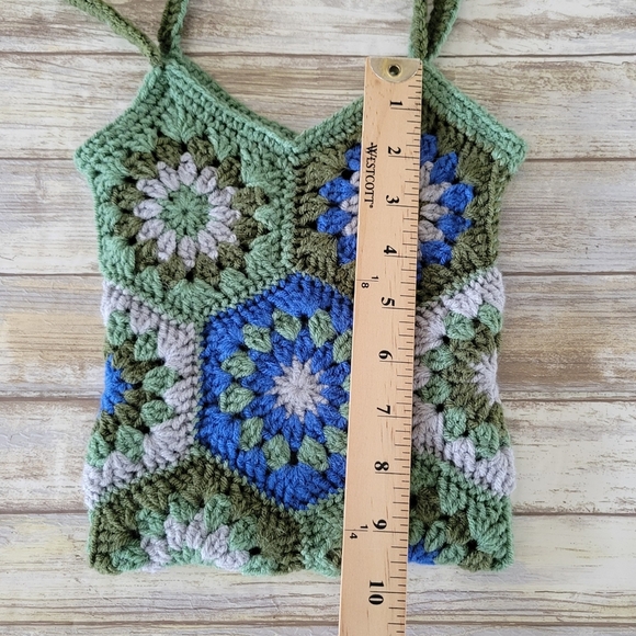Handmade Crochet Granny Square Hexagon Boho Shoulder Bag Tote Green Blue Gray - Picture 7 of 8